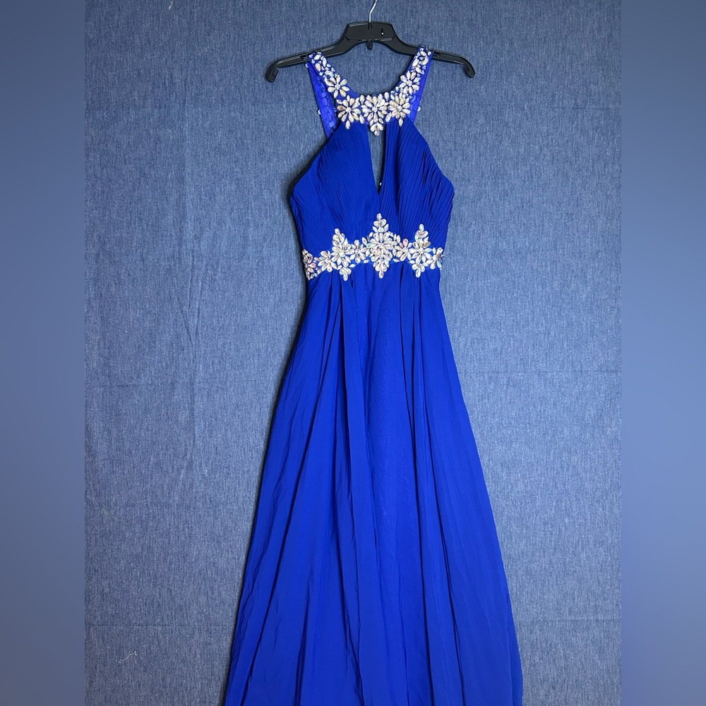 Embellished Royal Blue Halter Prom Dress